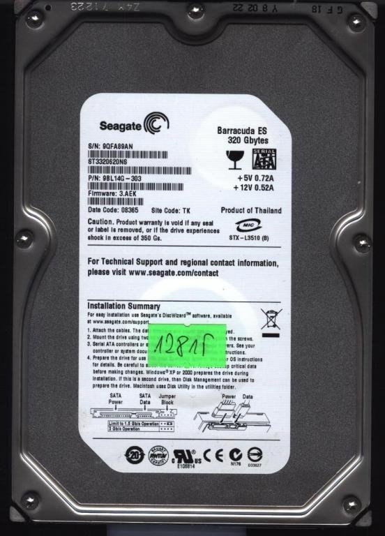 Seagate Barracuda ST3320620NS 320GB 7200RPM SATA 3.0Gb/s 3.5″ HDD